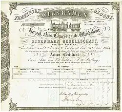 Sammelgebiet Eisenbahn: Aktie der Herzogl. Nass. Concessionierte Wiesbadener Eisenbahn Gesellschaft vom 23. Juni 1853