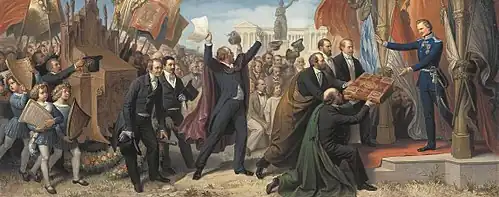 Die Künstler Münchens im Verein mit der Bürgerschaft überreichen König Ludwig I. das für denselben bestimmte Album samt dessen Aufbewahrungsschrein