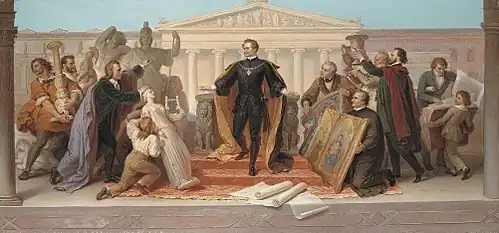 König Ludwig I., umgeben von Künstlern und Gelehrten, steigt vom Thron, um die ihm dargebotenen Werke der Plastik und Malerei zu betrachten