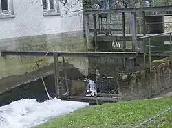 Mühlengraben Lahde, das Wasser läuft durch das Schütz und wird nicht genutzt