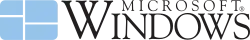 Logo: ein hellblauer stilisierter Bildschirm (abgerundete Ecken), links der Mitte mit einer vertikalen Abstandslinie geteilt, beide Hälften mit horizontalen Abstandslinien in unterschiedlich große Rechtecke geviertelt (linke Hälfte oberhalb der Mitte, rechte Hälfte unterhalb), rechts daneben in gleicher Höhe der Schriftzug „Windows“ in serifenbetonter Schrift (Kapitälchen-Stil) und über den Kleinbuchstaben der Schriftzug „Microsoft (R)“ (und Urheberrechts-„R“ über dem „s“ von Windows)