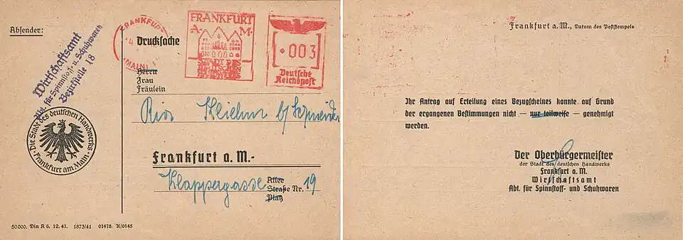 Freistempel der Stadt Frankfurt mit Werbetext „Stadt des deutschen Handwerks“, 1942