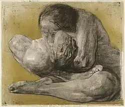 Frau mit totem Kind, 1903, Strichätzung, Kaltnadel, Schmirgel und Vernis mou mit Durchdruck von Büttenpapier und Zieglerschem Umdruckpapier, mit goldfarbenem, gespritztem Tonstein