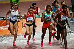 Am Wassergraben (v. l. n. r.): Alice Finot, Luiza Gega, Marwa Bouzayani, Sembo Almayew, Parul Chaudhary, Peruth Chemutai (fast komplett verdeckt), Maruša Mišmaš Zrimšek, Jackline Chepkoech