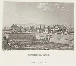 Hottingersteg mit Hottingerpforte als Zugang durch die Umwallung in die Stadt, Kupferstich von Franz Hegi