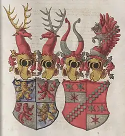 Wappen des Johann Werner von Zimmern des Jüngeren und seiner Frau Katharina von Erbach, die als Tochter des Schenken Valentin, Herr zu Erbach und Bickenbach (1466–1503) das nur kurzzeitig verwendete gemehrte Wappen der Herren von Erbach und Bickenbach führte.