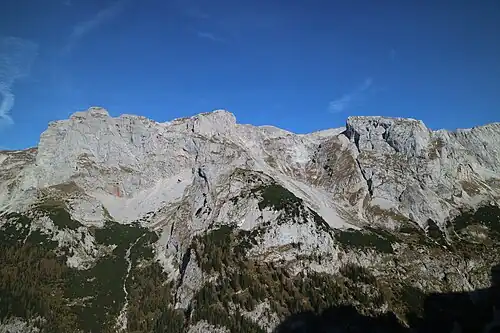 Blick von Süden auf v. l. n. r. Stangenwand, Zagelkogel und G'hacktstein