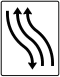 Zeichen 512–12 Verschwenkungs­tafel – mit Gegenverkehr – Verschwenkung nach links zweistreifig in Fahrtrichtung und einstreifig in Gegenrichtung