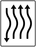 Zeichen 514–22 Verschwenkungs­tafel, kurze Verschwenkung – mit Gegenverkehr – nach rechts dreistreifig in Fahrtrichtung und einstreifig in Gegenrichtung