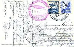 Postkarte an Bord der „Hindenburg“ geschrieben. Stempel: DEUTSCHE LUFTPOST EUROPA - NORDAMERIKA / LUFTSCHIFF HINDENBURG / 17.8.1936 / 7. FAHRT