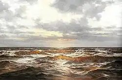 Untergehende Sonne. Eine untergehende Sonne macht die Wellen der Brandung transparent. Die Raumempfindung dieser Darstellung wird noch verstärkt durch herumfliegende Möwen. Das Gemälde stammt aus 1990