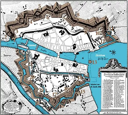 Die dritte Stadtbefestigung von Zürich 1705 mit der Papierwerd beim Einfluss des gezackten Schanzengrabens in die Limmat