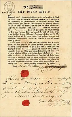 Gründeraktie der Zweyten Assecuranz-Compagnie über 3.000 Mark grob Courant, ausgestellt am 1. März 1824 in Lübeck.