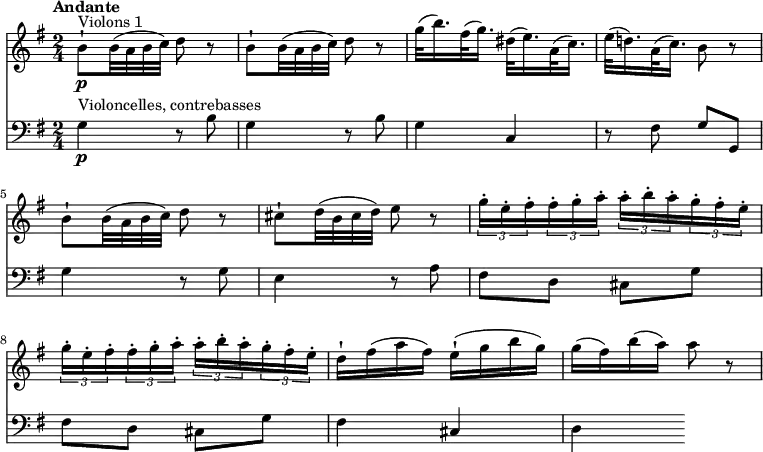 <<
\new Staff
\relative c'' {
\version "2.18.2"
\clef "treble"
\tempo "Andante"
\key g \major
\time 2/4
b8-!\p ^\markup{Violons 1} b32 (a b c) d8 r8
b8-! b32 (a b c) d8 r8
g32 (b16.) fis32 (g16.) dis32 (e16.) a,32 (c16.)
e32 (d!16.) a32 (c16.) b8 r8
b8-! b32 (a b c) d8 r8
cis8-! d32 (b cis d) e8 r8
\tuplet 3/2 {g16-. e-. fis-.} \tuplet 3/2 {fis16-. g-. a-.} \tuplet 3/2 {a16-. b-. a-.} \tuplet 3/2 {g16-. fis-. e-.}
\tuplet 3/2 {g16-. e-. fis-.} \tuplet 3/2 {fis16-. g-. a-.} \tuplet 3/2 {a16-. b-. a-.} \tuplet 3/2 {g16-. fis-. e-.}
d16-! fis (a fis) e-! (g b g)
g (fis) b (a) a8 r8
}
\new Staff
\relative c'' {
\clef "bass"
\tempo "Andante"
\key g \major
\time 2/4
g,4\p^\markup{Violoncelles, contrebasses} r8 b8
g4 r8 b8
g4 c,
r8 fis8 g g,
g'4 r8 g8
e4 r8 a8
fis d cis g'
fis d cis g'
fis4 cis
d
}
>>