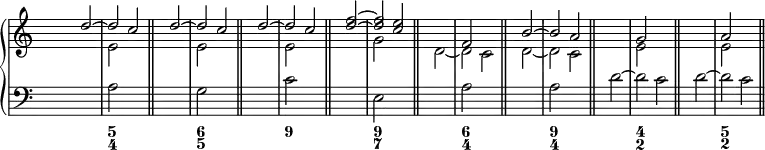 \new PianoStaff <<
<< % wegen Generalbass
\new Staff <<
\set Score.tempoHideNote = ##t
\tempo 4 = 160
\override Staff.TimeSignature.transparent = ##t
<<
\new Voice = "first"
\relative c''
{ \voiceOne s2 d ~ d c \bar "||" s2 d ~ d c \bar "||" s2 d ~ d c \bar "||" s2 <f d> ~ <f d> <e c> \bar "||" s1 f,2 s2 \bar "||" s2 b ~ b a \bar "||" s1 g2 s2 \bar "||" s1 a2 s2 \bar "||" }
\new Voice = "second"
\relative c'
{ \voiceTwo s1 e2 s2 s1 e2 s2 s1 e2 s2 s1 g2 s2 s2 d ~ d c s2 d ~ d c s1 e2 s2 s1 e2 s2 }
>>
>>
\new Staff <<
\override Staff.TimeSignature.transparent = ##t
\clef "bass"
\relative c' { s1 a2 s2 s1 g2 s2 s1 c2 s2 s1 e,2 s2 s1 a2 s2 s1 a2 s2 s2 d ~ d c s2 d ~ d c }
>>
>>
\new FiguredBass {
\figuremode { <_>1 <5 4> <_>1 <6 5> <_>1 <9> <_>1 <9 7> <_>1 <6 4> <_>1 <9 4> <_>1 <4 2> <_>1 <5 2> }
}
>> % wegen Generalbass