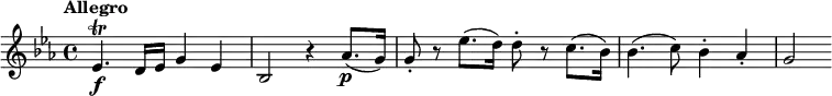 \relative c' {
\version "2.18.2"
\tempo "Allegro"
\key es \major
es4.\f\trill d16 es g4 es |
bes2 r4 as'8.(\p g16) |
g8-. r es'8.( d16) d8-. r c8.( bes16) |
bes4.( c8) bes4-. as-. |
g2
}