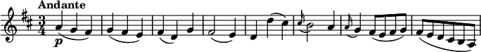 
\relative c'' {
  \version "2.18.2"
  \key d \major
  \tempo "Andante"
  \time 3/4
  \tempo 4 = 90
 a4\p (g fis)
 g (fis e)
 fis (d) g
 fis2 (e4)
 d d' (cis)
 \grace cis16 (b2) a4
 \grace a16 (g4) fis8 (e fis g)
 fis (e d cis b a)
}
