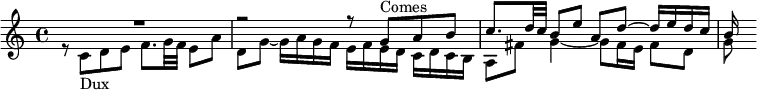 
\relative{
\new Staff \tempo 4=70 \set Score.tempoHideNote = ##t

  <<

    { \voiceOne R1 r2 r8 g'^"Comes" a b c8. d32 c b8 e a, d ~ d16 e d c b}
  \new Voice= "Dux"
    { \voiceTwo r8 c,_"Dux" d e f8. g32 f e8 a8 d,8 g ~ g16 a g f e f e d c d c b a8 fis' g4~ g8 fis16 e fis8 d g}

  >>

}
