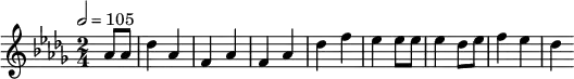 \relative c'' {
\set Staff.midiInstrument = #"piano"
\tempo 2 = 105
\key des \major
\time 2/4
\partial 4 as8 as des4 as f as f as des f es es8 es es4 des8 es f4 es des
}
