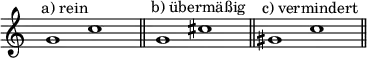 \relative c { \override Staff.TimeSignature #'stencil = ##f \key c \major \time 5/2 \clef "treble" s4^"a) rein" g''1 c s4 \bar "||" s^"b) übermäßig" g1 cis s4 \bar "||" s^"c) vermindert" gis1 c s4 \bar "||" }