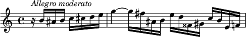 {
  \clef violin \key c \major \time 4/4 \tempo 4 = 80
  \set Score.tempoHideNote = ##t
  \partial 2 r16^\markup{\italic{Allegro moderato}} b' ais' b' c'' cis'' d'' e''
  g''4~ g''16 fis'' ais' b' e'' d'' fisis' gis' c'' b' e' f'
}