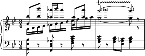 {
\set Score.tempoHideNote = ##t
\new PianoStaff <<
\new Staff { \clef violin \key bes \major \time 3/4 \tempo 4 = 100
<< { \voiceOne
<bes' bes''>8 <bes'' bes'''> <as'' as'''>16 bes''' as'''8 <as' as''> <as'' as'''>
\pitchedTrill g'''2(\startTrillSpan as''' g'''8)\stopTrillSpan r
}
\new Voice { \voiceTwo
d'16 es' f' g' as' bes' c'' d'' es'' f'' g'' as''
g''2( g''8) r
} >> \oneVoice
}
\new Staff { \clef bass \key bes \major \time 3/4
<g, es bes>8 r <f, c es as> r <f as c' es'> r
<g bes es'>8 r <g bes d'> <es as c'> <g bes d'>4
}
>>
}