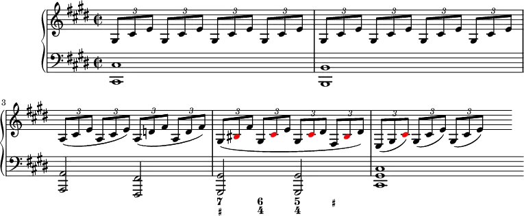 \version "2.14.2"
\header {tagline = ##f}
upper = \relative c' {
\clef treble
\key cis \minor
\time 2/2
\tempo 8 = 110
\set Timing.beamExceptions = #'()
\set Timing.baseMoment = #(ly:make-moment 1/4)
\set Timing.beatStructure = 1,1,1,1
{
\tupletSpan 4
\tuplet 3/2 { gis8 cis e gis, cis e gis, cis e gis, cis e gis, cis e gis, cis e gis, cis e gis, cis e
a,( cis e a, cis e) a,( d fis a, d fis) gis,( \tweak NoteHead.color #red bis fis' gis, \tweak NoteHead.color #red cis e gis, \tweak NoteHead.color #red cis dis fis, \tweak NoteHead.color #red bis dis) e,( gis \tweak NoteHead.color #red cis) gis (cis e) gis, (cis e) s4 \once \override Score.BarLine.break-visibility = #'#(#f #t #t) }
}
}
lower = \relative c {
\clef bass
\key cis \minor
{ <cis cis,>1 <b b,> <a a,>2 <fis fis,> <gis gis,> <gis gis,> <cis gis cis,>1 \once \override Score.BarLine.break-visibility = #'#(#f #t #t) }
}
\score {
\new PianoStaff <<
\new Staff = "upper" \upper
\new Staff = "lower" \lower
\new FiguredBass {\figuremode
{ r1 r r <7 _+>4 <6 4> <5 4> <_+>}
}
>>
\layout {
\context {
\Score
\remove "Metronome_mark_engraver"
}
}
\midi { }
}