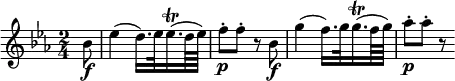  \relative bes' {
\key es \major \time 2/4
\partial 8 bes8 \f | es4( d16.) es32 es16.( \trill d64 es) | f8 -. \p f-. r bes, \f
g'4( f16.) g32 g16.( \trill f64 g) | as8 -. \p as-. r
} 