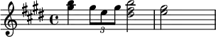 {\key e \major \time 4/4 <gis'' b''>4 \times 2/3 {gis''8 e'' gis''} <dis'' fis'' b''>2 <e'' gis''> \skip2}