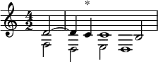 \relative{ \time 4/2 \partial 2
\new Staff
<<
{ \voiceOne d'2 ~ d4 c^"*" c1 b2}
\new Voice= "Dux"
{ \voiceTwo f2 d e d1}
>>
}