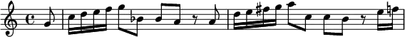 
  \new Staff {
      \relative c'' { \partial 8 g8 c16 d e f g8 bes, bes a r a d16 e fis g a8 c, c b r e16 f }
             }
