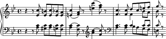{
\set Score.tempoHideNote = ##t
\new PianoStaff <<
\new Staff { \clef violin \key bes \major \time 4/4 \tempo 4 = 70
r4 r8 <es' c''> <es' b'> <es' c''> <es' bes'> <es' a'>
<e' c''>4( <f' a'>8) r <e'' c'''>4( <f'' a''>8) r
<f' c''>4. <f' c''>8
<< { \voiceOne
d''8 c'' e'' f''
g''8 r
}
\new Voice { \voiceTwo
f'4 bes'8 a'
bes'8 r
} >> \oneVoice
}
\new Staff { \clef bass \key bes \major \time 4/4
r4 r8 <a c'>8 <gis c'> <a c'> <g c'> <f c'>
<a~ c'~>4 <f c'>8 r \clef violin <a'~ c''~>4 <f' c''>8 r
\clef bass <a c'>4. <a c'>8
<< { \voiceOne
c'4 c'8 c'
c'8 r
}
\new Voice { \voiceTwo
bes8 a g f
e8 r
} >> \oneVoice
}
>>
}