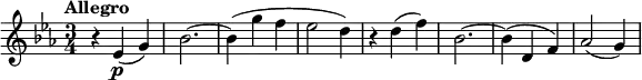 \version "2.14.2"
\relative c' {
\clef "treble"
\tempo "Allegro"
\key ees \major
\time 3/4
\tempo 4 = 120
r4 ees4\p (g)
bes2. ~
bes4 (g' f
ees2 d4)
r4 d4 (f)
bes,2. ~
bes4 (d, f)
aes2 (g4)
}