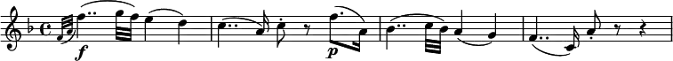  \relative f' {
   \key f \major \time 4/4
   \grace { f32( a } f'4..)( \f g32 f) e4( d)
   c4..( a16) c8-. r f8.( \p a,16)
   bes4..( c32 bes) a4( g)
   f4..( c16) a'8-. r r4
} 