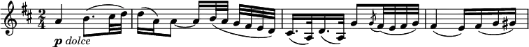  \relative a' {
\key d \major \time 2/4
a4 _\markup { \musicglyph #"p" \italic "dolce" } b8.( cis32 d)
d16( a) a8~ a16 b32( a g[ fis e d)]
cis16.( a32) d16.( a32) g'8 \acciaccatura g8 fis32( e fis g)
fis4( e16) fis( g gis)
} 