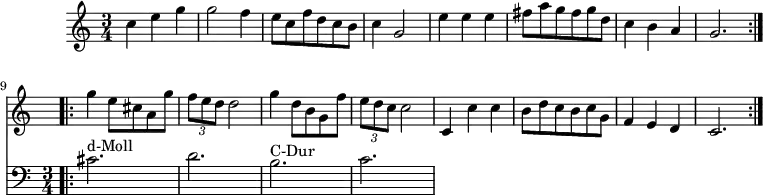\version "2.14.2"
\header {
tagline = ##f
}
upper = \relative c'' {
\clef treble
\key c \major
\time 3/4
\tempo 4 = 120
\set Timing.beamExceptions = #'()
\set Timing.baseMoment = #(ly:make-moment 1/4)
\set Timing.beatStructure = #'(3)
\repeat volta 2 { c4 e g g2 f4 e8 c f d c b c4 g2 e'4 e e fis8 a g fis g d c4 b a g2. }
\repeat volta 2 { << { g'4 e8 cis a g' \tuplet 3/2 { f8 e d } d2 g4 d8 b g f' \tuplet 3/2 { e8 d c } c2 } \new Staff { \clef bass { cis,2.^"d-Moll" d b^"C-Dur" c } } >>
c4 c' c b8 d c b c g f4 e d c2. }
}
\score {
\new Staff = "upper" \upper
\layout {
\context {
\Score
\remove "Metronome_mark_engraver"
}
}
\midi { }
}