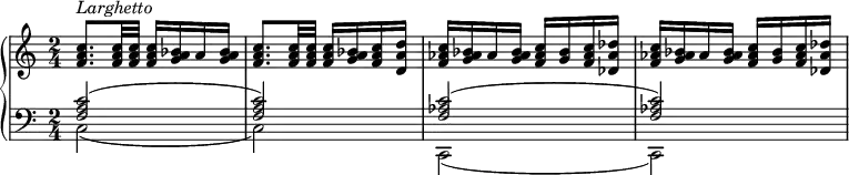 {
\set Score.tempoHideNote = ##t
\new PianoStaff <<
\new Staff { \clef violin \key c \major \time 2/4 \tempo 4 = 40
<f' a' c''>8. ^\markup{\italic{Larghetto}} <f' a' c''>32 <f' a' c''> <f' a' c''>16 <g' a' bes'> a' <g' a' bes'>
<f' a' c''>8. <f' a' c''>32 <f' a' c''> <f' a' c''>16 <g' a' bes'> <f' a' c''> <d' a' d''>
<f' as' c''>16 <g' as' bes'> as' <g' as' bes'> <f' as' c''> <g' bes'> <f' as' c''> <des' as' des''>
<f' as' c''>16 <g' as' bes'> as' <g' as' bes'> <f' as' c''> <g' bes'> <f' as' c''> <des' as' des''>
}
\new Staff { \clef bass \key c \major \time 2/4
<< { \voiceOne
<f a c'>2(
<f a c'>2)
<f as c'>2(
<f as c'>2)
}
\new Voice { \voiceTwo
c2(
c2)
c,2(
c,2)
} >> \oneVoice
}
>>
}