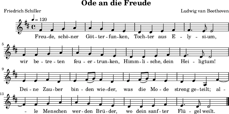 
\header {
   title = "Ode an die Freude"
   composer = "Ludwig van Beethoven"
   poet = "Friedrich Schiller"
tagline = ##f
}
\score {
   <<
   \relative c' {
      \autoBeamOff
      \tempo 4=120
      \key d\major
      fis4 fis g a a g fis e d d e fis fis4. e8 e2 \break
      fis4 fis g a a g fis e d d e fis e4. d8 d2 \break
      e4 e fis d e fis8([ g]) fis4 d e fis8([ g]) fis4 e d e a, fis'~ \break
      fis4 fis g a a g fis e d d e fis e4. d8 d2 \bar "|."
   }
   \addlyrics {
       Freu -- de, schö -- ner Göt -- ter -- fun -- ken,
       Toch -- ter aus E -- ly -- si -- um,
       wir be -- tre -- ten feu -- er -- trun -- ken,
       Himm -- li -- sche, dein Hei -- lig -- tum!
       Dei -- ne Zau -- ber bin -- den_ wie -- der,
       was die Mo -- de streng ge -- teilt;
       al -- le Men -- schen wer -- den Brü -- der,
       wo dein sanf -- ter Flü -- gel weilt.
   }
   >>
   \layout { indent = 10\mm }
   \midi {}
}
