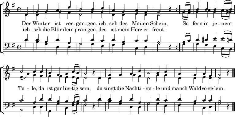 
\language "deutsch"
\header { tagline = ##f }
\layout { indent = 0 \context { \Score \remove "Bar_number_engraver" } }

global = { \key g \major \time 4/4 \partial 4 }

soprano = \new Voice = "soprano" \relative c' { \global \voiceOne \set midiInstrument = "soprano sax"
  \repeat volta 2 { d4 | g g a d | h2 h4 c | a g a fis | g2 r4 }
  g8 (a) | h4 h h a8 (h) | c2 c4 c | h g a c8 (h) | a2 r4
  d,4 | g g a d | h2 h4 c | a g a fis | g2 r4 \bar "|."
}

alto = \relative c' { \global \voiceTwo \set midiInstrument = "alto sax"
  \repeat volta 2 { d4 | d g g fis | d2 g4 g | d d e d | d2 r4 }
  g8 (fis) | g4 a g a8 (gis) | e4 (a) g fis | fis fis e e8 (d) | d2 r4
  d4 | d g g fis | d2 g4 g | d d e d | d2 r4 \bar "|."
}

tenor = \relative c' { \global \voiceThree \set midiInstrument = "tenor sax"
  \repeat volta 2 { d4 | d h d a | g2 d'4 c | d h c c | h2 r4 }
  h8 (c) | d4 dis e e8 (d) | c2 a4 d |d h h a8 (h) | c2 r4
  d4 | d h d a | g2 d'4 c | d h c c | h2 r4 \bar "|."
}

bass = \relative c { \global \voiceFour \set midiInstrument = "baritone sax"
  \repeat volta 2 { d'4 | h g d d | g2 g4 e | fis g c, d | g2 r4 }
  g4 | g fis e c8 (h) | a2 d4 d |g, g' c, fis8 (g) |fis2 r4
  d'4 | h g d d | g2 g4 e | fis g c, d | g2 r4 \bar "|."
}

verse = \new Lyrics = "firstLine" \lyricsto "soprano" {
  << { Der Win -- ter ist ver -- gan -- gen,
  ich seh des Mai -- en Schein, }
    \new Lyrics = "secondLine" \with { alignBelowContext = "firstLine" } { \set associatedVoice = "soprano"
      ich seh die Blüm -- lein pran -- gen,
      des ist mein Herz er -- freut. }
  >>
  So fern in je -- nem Ta -- le,
  da ist gar lus -- tig sein,
  da singt die Nach -- ti -- ga -- le
  und manch Wald -- vö -- ge -- lein.
}

\score {
  \new ChoirStaff <<
    \new Staff \with { \consists "Merge_rests_engraver" }
    <<
      \soprano \alto
      \context Lyrics { \lyricsto "soprano" \verse }
    >>
    \new Staff \with { \consists "Merge_rests_engraver" }
    <<
      \clef bass \tenor \bass
    >>
  >>
  \layout { }
}
\score { \unfoldRepeats { << \soprano \\ \alto \\ \tenor \\ \bass >> }
  \midi { \tempo 4=128
    \context { \Score midiChannelMapping = #'instrument }
    \context { \Staff \remove "Staff_performer" }
    \context { \Voice \consists "Staff_performer" }
  }
}
