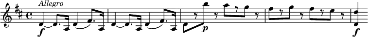 
\relative c' {
  \version "2.18.2"
  \key d \major
  d4~\f^\markup { \italic Allegro } d8. a16 d4( fis8.) a,16 |
  d4~ d8. a16 d4( fis8.) a,16 |
  d8[ r b''\p] r a[ r g] r |
  fis8[ r g] r fis[ r e] r | <d, d'>4\f
}
