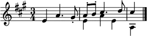 \relative c' { \set Staff.midiInstrument = #"clarinet" \key a \major \time 3/4 e4 a4. gis8-. << { a-. b-. cis4. d8 cis4 } \\ { e, a e a, } >> \bar "|." }