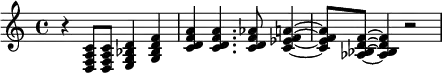 <<
%\chords {\set Staff.midiInstrument = #"off"c1:7 f:6}
\new Staff \relative c {\set Staff.midiInstrument = #"drawbar organ"r4 <d f a c>8 <d f a c>8 <e g bes d>4 <g bes d f>
<c d f a> <c d f a>4. <c d f as>8 <c es f a>4~ <c es f a>8 <as bes d f>8~ <as bes d f>4 r2}>>