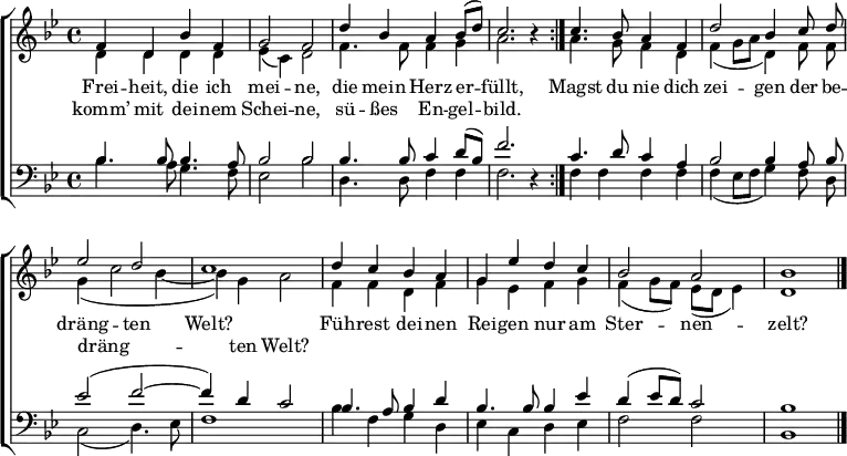 \language "deutsch"
\header { tagline = ##f }
\layout { indent = 0 \context { \Score \remove "Bar_number_engraver" } }
global = { \key b \major \time 4/4 }
soprano = \relative c' { \global \set midiInstrument = "clarinet"
\repeat volta 2 { f4 d b' f | g2 f | d'4 b a b8 (d) | c2. r4 | }
c4. b8 a4 f | d'2 b4 c8 d\noBeam | es2 d | c1 |
d4 c b a | g es' d c | b2 a | b1 \bar "|."
}
alto = \relative c' { \global \set midiInstrument = "clarinet"
\repeat volta 2 { d4 d d d | es (c) d2 | f4. f8 f4 g | a2. r4 | }
a4. g8 f4 d | f (g8 a d,4) f8 f\noBeam | g4 (c2 b4~ | b) g a2 |
f4 f d f | g es f g | f (g8 f) es (d es4) | d1 \bar "|."
}
tenor = \relative c' { \global \set midiInstrument = "clarinet"
\repeat volta 2 { b4. b8 b4. a8 | b2 b2 b4. b8 c4 d8 (b) | f'2. r4 | }
c4. d8 c4 a | b2 b4 a8 b\noBeam | es2 (f~ | f4) d c2 |
b4. a8 b4 d | b4. b8 b4 es | d (es8 d) c2 | b1 \bar "|."
}
bass = \relative c' { \global \set midiInstrument = "clarinet"
\repeat volta 2 { b4. a8 g4. f8 | es2 b' | d,4. d8 f4 f | f2. r4 | }
f4 f f f | f (es8 f g4) f8 d\noBeam | c2 (d4.) es8 | f1 |
b4 f g d | es c d es | f2 f | b,1 \bar "|."
}
verse = \lyricmode {
<< { Frei -- heit, die ich mei -- ne, die mein Herz er -- füllt, }
\new Lyrics { komm’ mit dei -- nem Schei -- ne, sü -- ßes En -- gel -- bild. } >>
Magst du nie dich zei -- gen
der be -- dräng -- ten Welt?
Füh -- rest dei -- nen Rei -- gen
nur am Ster -- nen -- zelt?
}
versealto = \lyricmode { \repeat unfold 18 { \skip 1 } dräng -- ten Welt? }
\score {
\new ChoirStaff <<
\new Staff \with { \consists "Merge_rests_engraver" }
<<
\new Voice = "soprano" { \voiceOne \soprano }
\new Voice = "alto" { \voiceTwo \alto }
>>
\new Lyrics \with { \override VerticalAxisGroup #'staff-affinity = #CENTER }
\lyricsto "soprano" \verse
\new Lyrics \lyricsto "alto" \versealto
\new Staff \with { \consists "Merge_rests_engraver" }
<<
\clef bass
\new Voice = "tenor" { \voiceOne \tenor }
\new Voice = "bass" { \voiceTwo \bass }
>>
>>
\layout { }
}
\score { \unfoldRepeats { << \soprano \\ \alto \\ \tenor \\ \bass >> }
\midi { \tempo 4=96
\context { \Score midiChannelMapping = #'instrument }
\context { \Staff \remove "Staff_performer" }
\context { \Voice \consists "Staff_performer" }
}
}