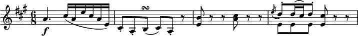  { \relative a' { \key a \major \time 6/8
a4. \f cis16( a e' cis a e) | cis8-. a-. b( \turn cis) a-. r | <b' e,> 8 r r <cis a> r r |
<< \new Voice = "first" { \stemUp \slurDown \acciaccatura e8 \stemUp \slurUp d8^. d16( cis) d8^. }
   \new Voice = "second" { \stemDown e,8 e e } >> <cis' e,>8 r r }} 