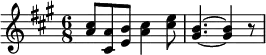 {\key a \major \time 6/8 <cis'' a'>8 <a' cis'> <b' e'> <cis'' a'>4 <e'' cis''>8 <b' gis'>4.~<b' gis'>4 r8}