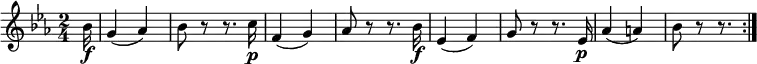 
\relative bes' {
  \key es \major \time 2/4
  \partial 16 bes16 \f
  g4( as) | bes8 r r8. c16 \p
  f,4( g) | as8 r r8. bes16 \f
  es,4( f) | g8 r r8. es16 \p
  as4( a) | bes8 r r8. \bar ":|."
} 