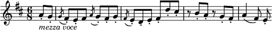  \relative a' {
\key d \major \time 6/8
\partial 4 a8-. _\markup { \italic "mezza voce" } g-.
\acciaccatura  g8 fis-. e-. fis \acciaccatura a g-. fis-. g-.
\acciaccatura fis8 e-. d-. e-. fis-. d'-. cis-.
r8 b-. a-. r g-. fis-.
a4( fis8) e-.
} 