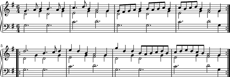 { \relative f'
\new PianoStaff <<
\new Staff
{ \clef violin \key g \major \time 6/4
<< { \repeat volta 2 { g4. a8 b4 b4. a8 b4 c4. d8 b4 a2 g4 g8 fis g a b4 b8 a b c b4 c8 b c d b4 a2 g4 } \repeat volta 2{ d'2. b4. c8 d4 e d b a2 g4 g' d d b8 a b c d b c d e d c b a2 g4 } }
\\
{ d2 g4 d2 g4 e2 g4 fis2 g4 d2 g4 d2 g4 e2 g4 fis2 g4 d2 g4 d2 g4 e2 g4 fis2 g4 d2 g4 d2 g4 e2 g4 fis2 g4 }
>> }
\new Staff
{ \clef bass \key g \major \time 6/4
<< { g,2. g2. c2. d2. g,2. g2. c2. d2 g,4 g2. g2. c2. d2. g,2. g2. c2. d2 g,4 }
>> }
>> }