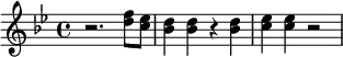 {\key bes \major r2. <d'' f''>8~ <c'' es''>8 <bes' d''>4 <bes' d''>4 r4 <bes' d''>4 <c'' es''>4 <c'' es''>4 r2}