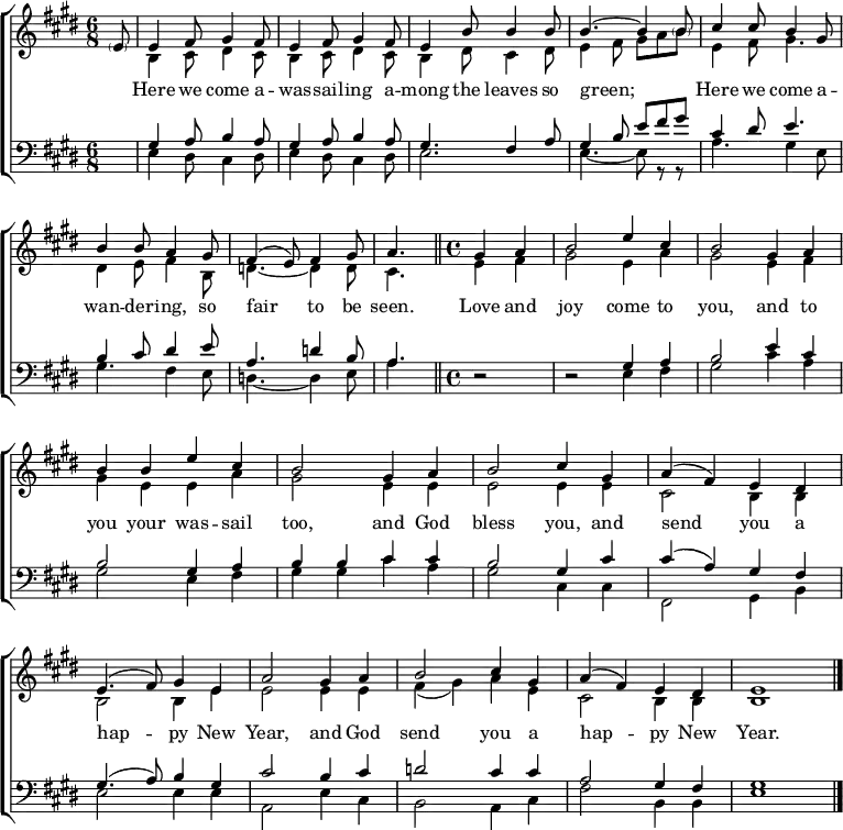 
\header { tagline = ##f }
\layout { indent = 0 \set Score.tempoHideNote = ##t
  \context { \Score \remove "Bar_number_engraver" }
  \context { \Voice \remove "Dynamic_engraver" }
}

global = { \key e \major \time 6/8 \partial 8 }

soprano = \relative c' { \global \set midiInstrument = "soprano sax"
  \parenthesize e8 | e4 fis8 gis4 fis8 | e4 fis8 gis4
  fis8 | e4 b'8 b4 b8 | b4.~ b4
  \parenthesize b8 | cis4 cis8 b4 gis8 | b4 b8 a4
  gis8 | fis4 (e8) fis4 gis8 | \tempo 4. = 88 a4. \bar "||"
  \time 4/4 \partial 2 \tempo 2 = 96 gis4 a | b2 e4 cis | b2
  gis4 a | b b e cis | b2
  gis4 a | b2 cis4 gis | a (fis) e
  dis | e4. (fis8) gis4 e | a2
  gis4 a | b2 cis4 gis | a (fis) e dis | e1 \bar "|."
}

alto = \relative c' { \global \set midiInstrument = "alto sax"
  s8 | b4\pp cis8 dis4 cis8 | b4 cis8 dis4
  cis8 |b4 dis8 cis4 dis8 | e4 fis8 gis [a b] |
  e,4 fis8 gis4. | dis4 e8 fis4
  b,8 d4.~ d4 d8 | cis4. \bar "||"
  e4 fis | gis2 e4 a | gis2
  e4 fis | gis e e a | gis2
  e4 e | e2 e4 e | cis2 b4
  b | b2 b4 e | e2
  e4 e | fis (gis) a e | cis2 b4 b | b1 \bar "|."
}

tenor = \relative c' { \global \set midiInstrument = "tenor sax"
  s8 | gis4\pp a8 b4 a8 | gis4 a8 b4
  a8 | gis4. fis4 a8 | gis4 b8 e fis gis |
  cis,4 dis8 e4. | b4 cis8 dis4
  e8 | a,4. d4 b8 | a4. \bar "||"
  r2 | r2 gis4 a | b2
  e4 cis | b2 gis4 a | b4 b
  cis cis | b2 gis4 cis | cis (a) gis
  fis | gis4. (a8) b4 gis | cis2
  b4 cis |d2 cis4 cis | a2 gis4 fis | gis1 \bar "|."
}

bass = \relative c { \global \set midiInstrument = "baritone sax"
  s8 | e4 dis8 cis4 dis8 | e4 dis8 cis4
  dis8 | e2. | e4.~ e8 r8 r |
  a4. gis4 e8 | gis4. fis4
  e8 | d4.~ d4 e8 a4. \bar "||"
  r2 | r2 e4 fis | gis2 cis4 a | gis2
  e4 fis | gis gis
  cis a | gis2 cis,4 cis | fis,2 gis4 b | e2 e4 e4 | a,2
  e'4 cis | b2 a4 cis | fis2 b,4 b | e1 \bar "|."
}

verse = \lyricmode {
  " " Here we come a -- was -- sail -- ing
  a -- mong the leaves so green;
  "" Here we come a -- wan -- der -- ing,
  so fair to be seen.
  
  Love and joy come to you,
  and to you your was -- sail too,
  and God bless you, and send you
  a hap -- py New Year,
  and God send you a hap -- py New Year.
}

\score {
  \new ChoirStaff <<
    \new Staff
    <<
      \new Voice = "soprano" { \voiceOne \soprano }
      \new Voice = "alto" { \voiceTwo \alto }
    >>
    \new Lyrics \lyricsto "soprano" \verse
    \new Staff \with { \consists "Merge_rests_engraver" }
    <<
      \clef bass
      \new Voice = "tenor" { \voiceOne \tenor }
      \new Voice = "bass" { \voiceTwo \bass }
    >>
  >>
  \layout { }
  \midi { \tempo 4.=104
    \context { \Score midiChannelMapping = #'instrument }
    \context { \Staff \remove "Staff_performer" }
    \context { \Voice \consists "Staff_performer" }
  }
}
